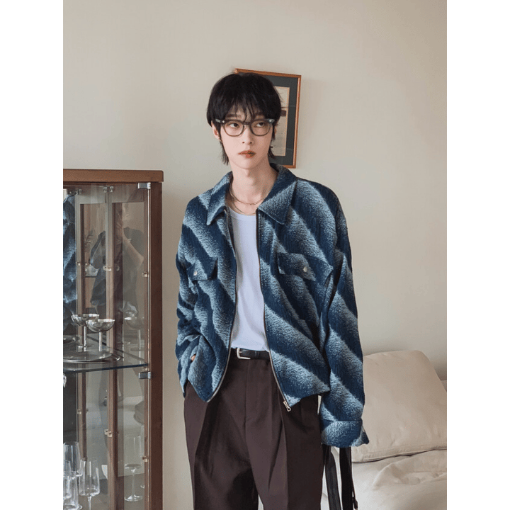 A105 漸層斜紋短版外套 (藍 黑)