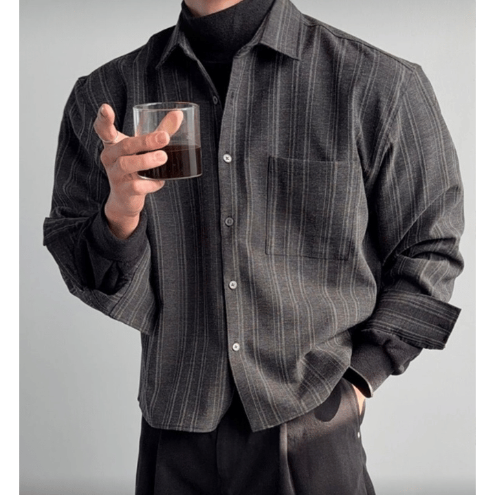 B167 雷諾條紋短版襯衫 (灰 棕)