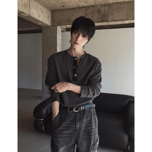 B141 低調拼接開釦針織上衣 (灰 白)