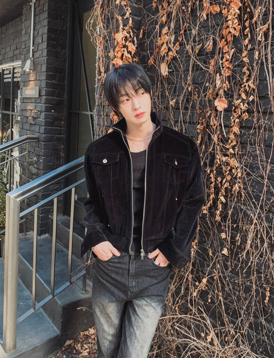 A155 絲絨工裝夾克 (黑 藍)