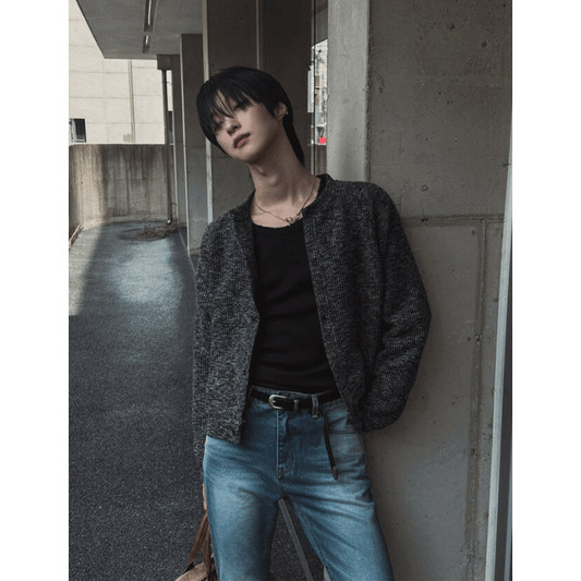 A95 雪花粗針織短版外套 (黑 灰)
