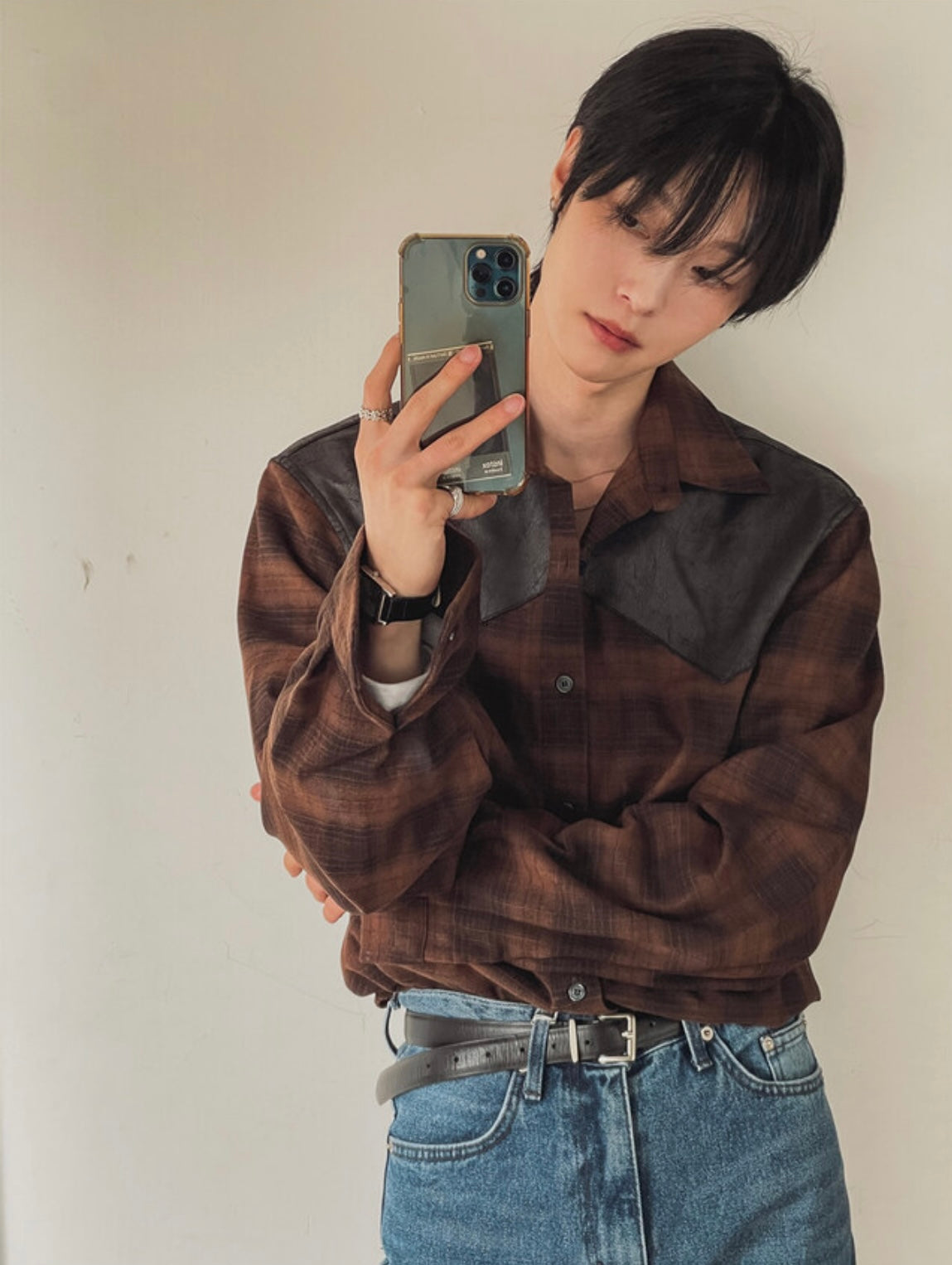 B143 美拉德皮革格紋襯衫 (黑 咖)