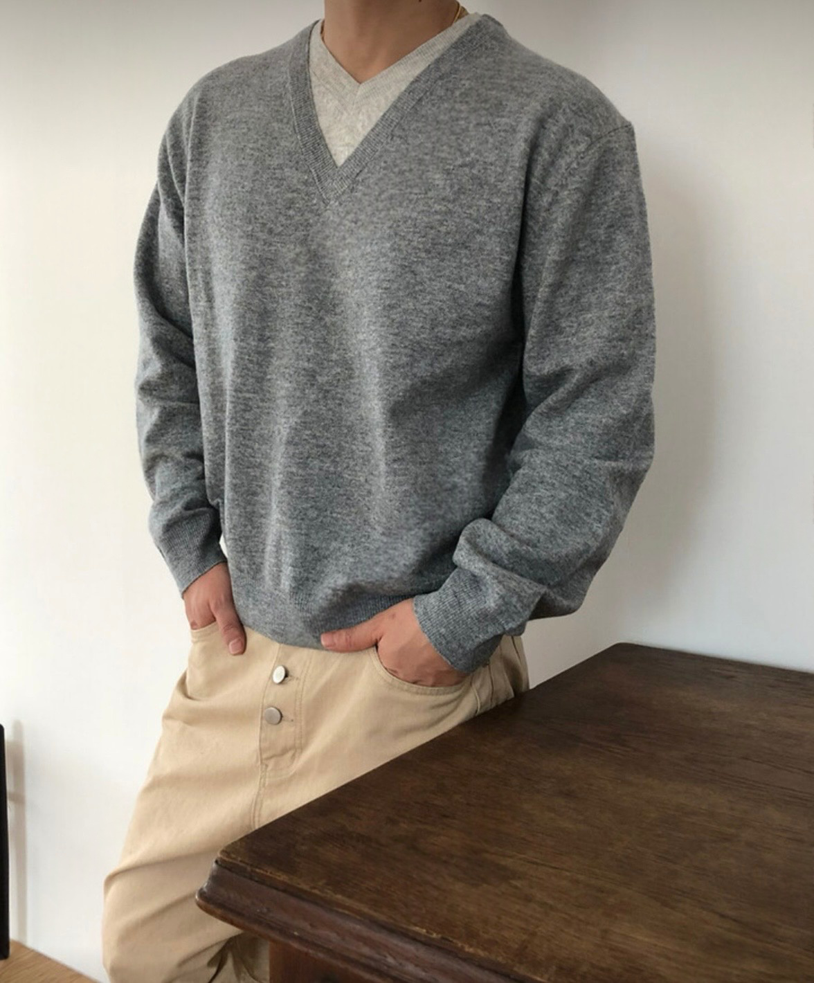 B185 拼接雙層V領針織衫(6色)