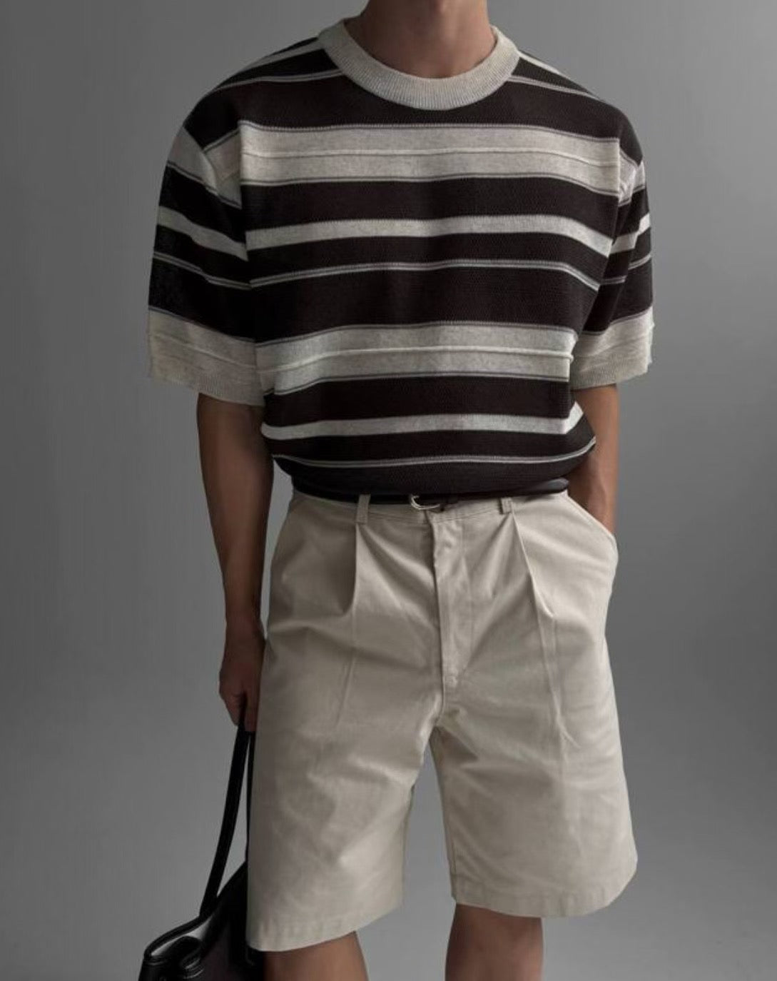 B183 亞麻條紋針織衫 (棕 藍)