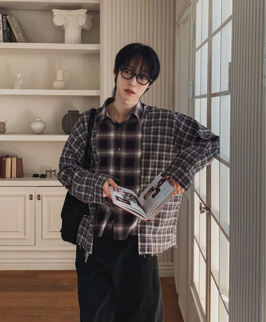 B170 Irregularly Cut Layered Plaid Shirt