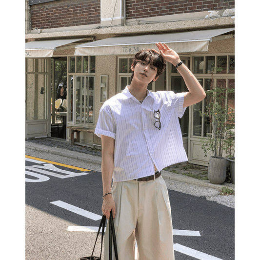 B242 White Collar Striped Short-Sleeve Shirt (White Blue)