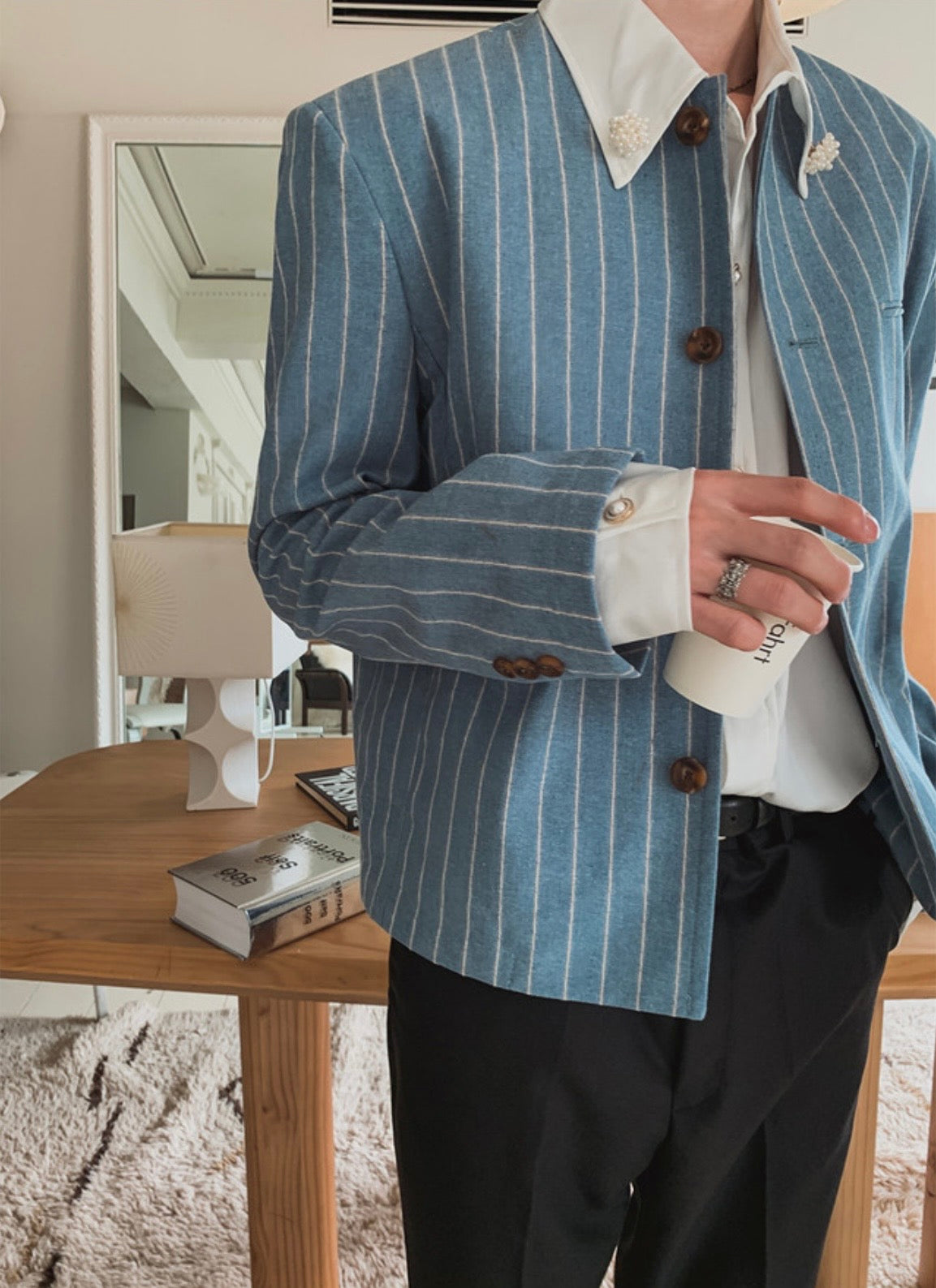 A157 細條紋無領西裝外套 (藍 灰)