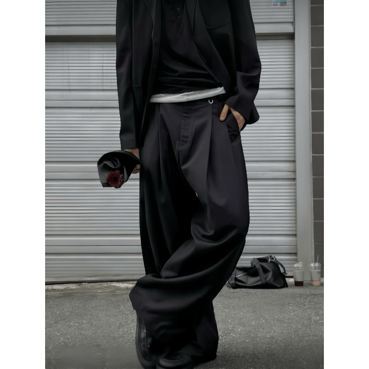 J76 垂墜雙褶寬褲 (黑 灰)