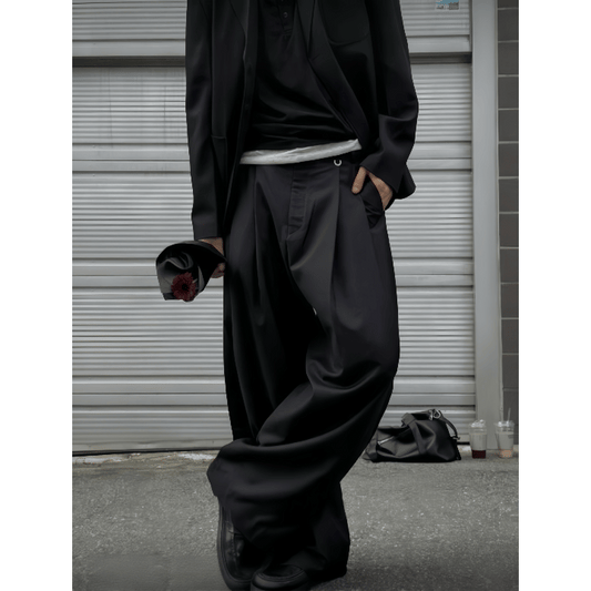 J76 垂墜雙褶寬褲 (黑 灰)