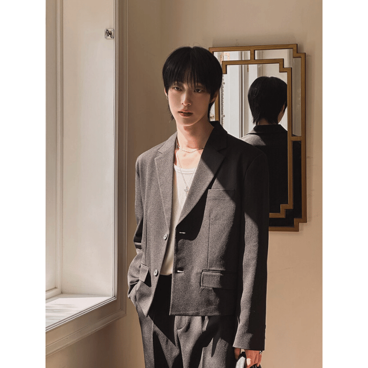 A107 極簡霧紋西裝外套 (黑 灰)