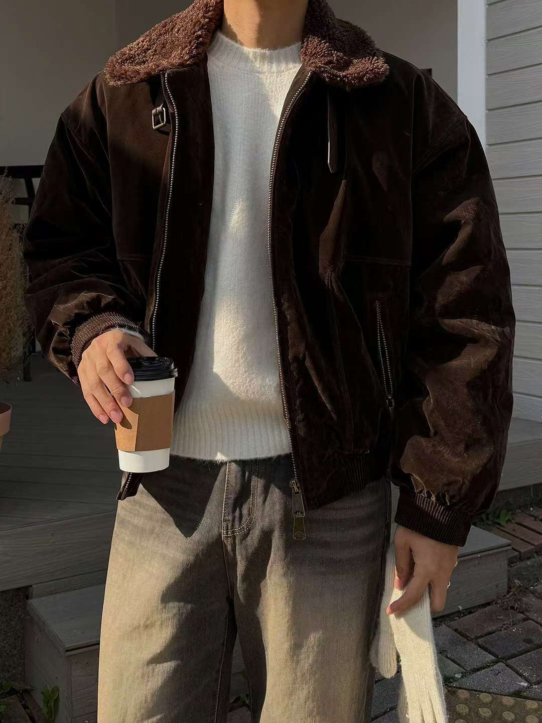 A110 雙領絲絨氣墊短版夾克 (棕 黑)