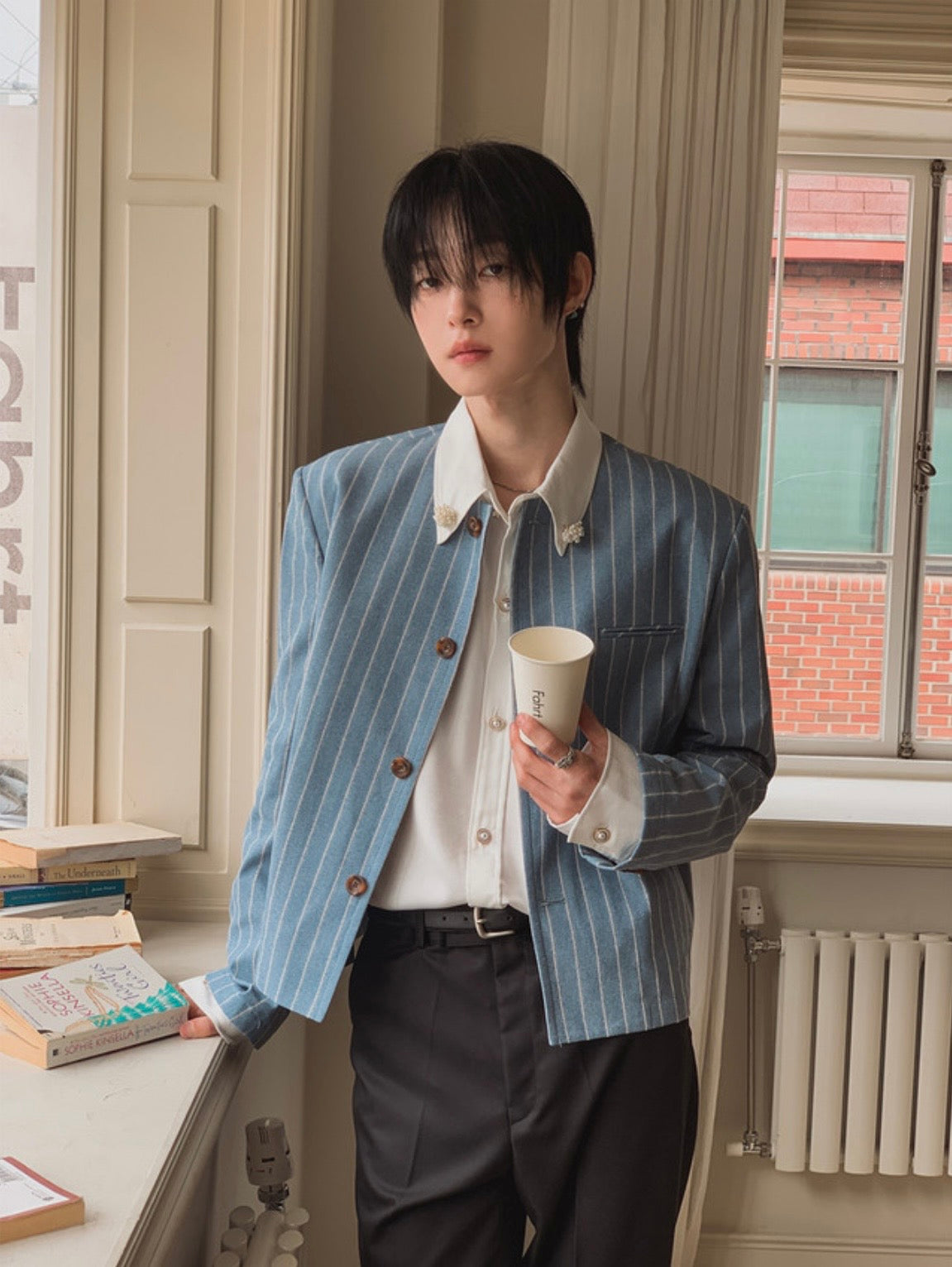 A157 細條紋無領西裝外套 (藍 灰)