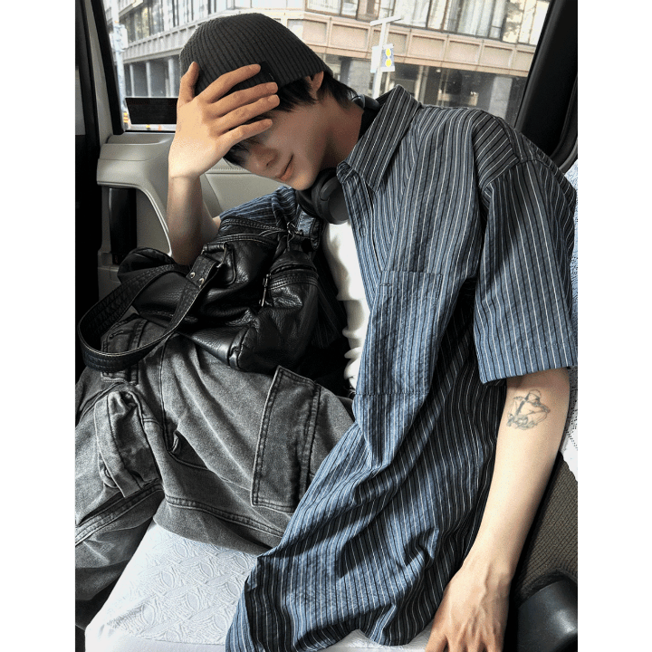 B193 條紋亞麻襯衫 (藍 灰)