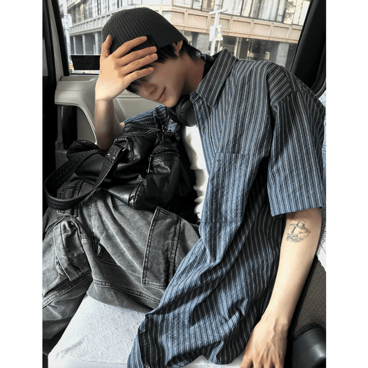 B193 條紋亞麻襯衫 (藍 灰)