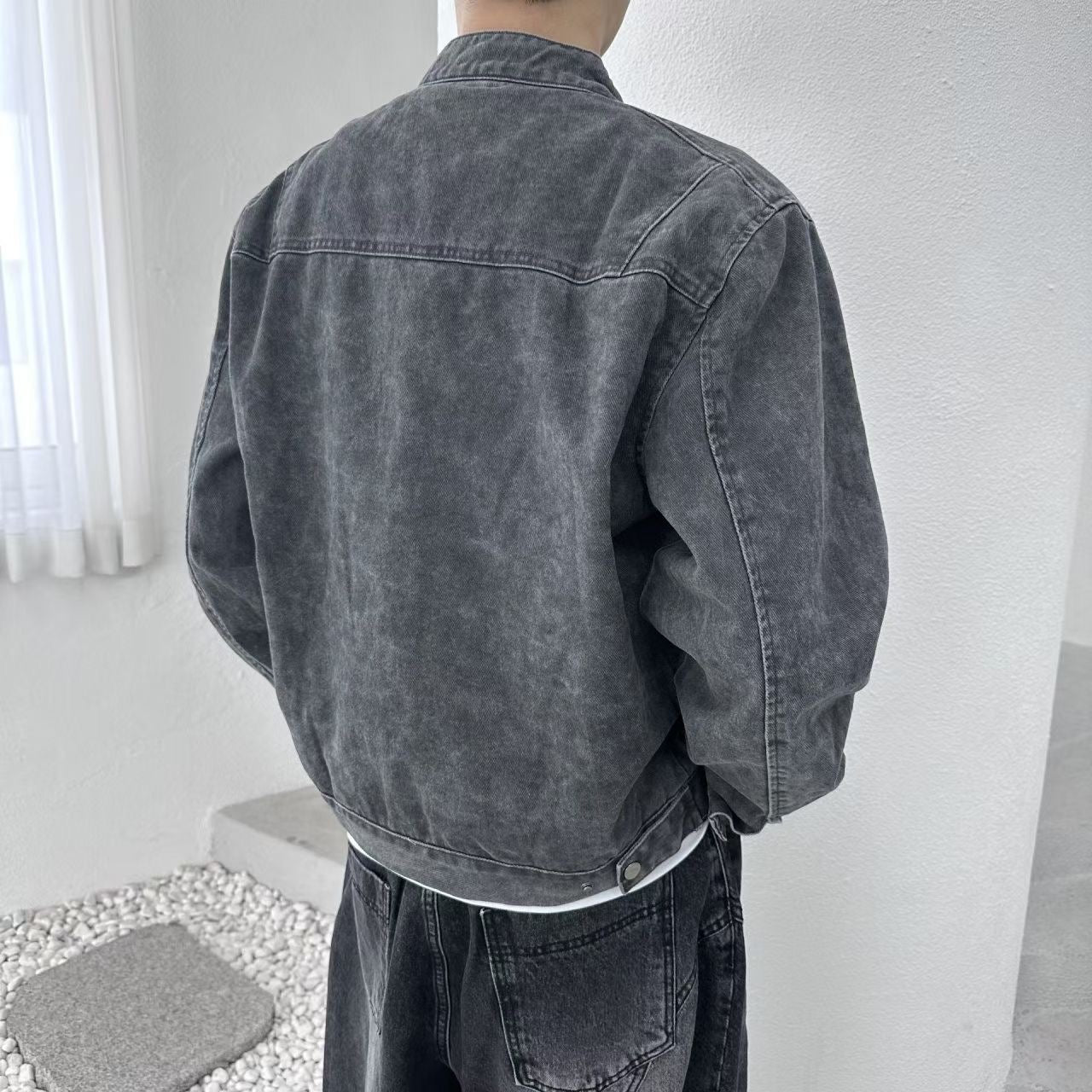 A163 立領水洗短版夾克 (灰 墨)