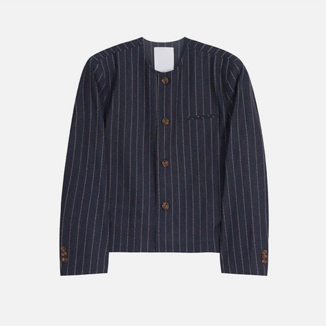 A157 細條紋無領西裝外套 (藍 灰)
