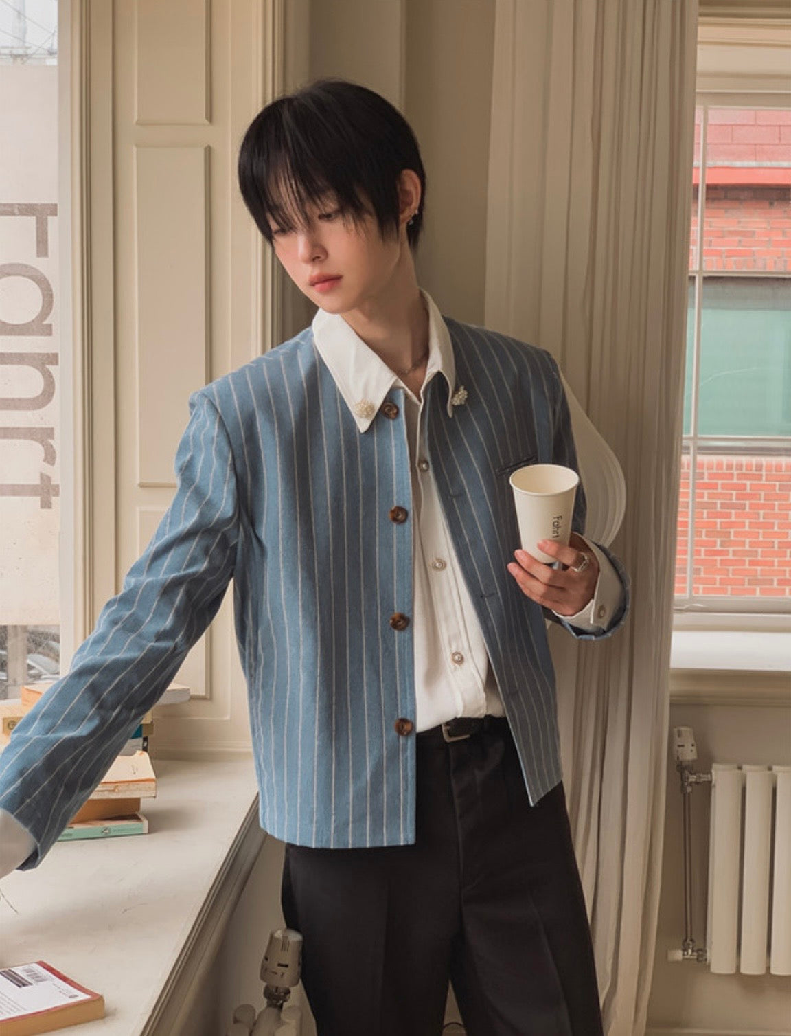 A157 細條紋無領西裝外套 (藍 灰)