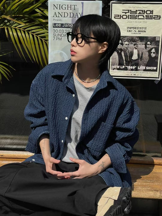 B139 牛仔色編織格紋襯衫 (深藍 淺藍)