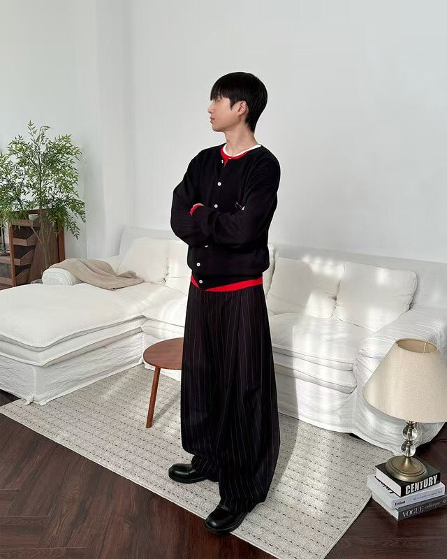 J41 Loose Striped Suit Pleated Wide Pants (Black Gray)
