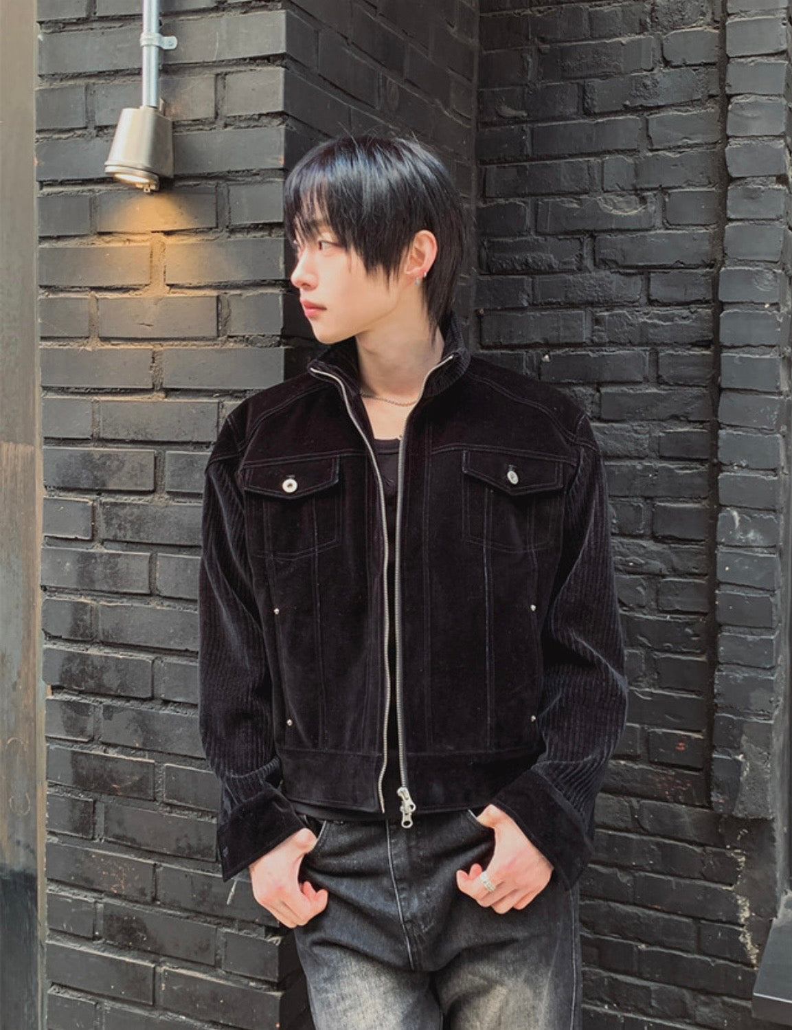 A155 絲絨工裝夾克 (黑 藍)