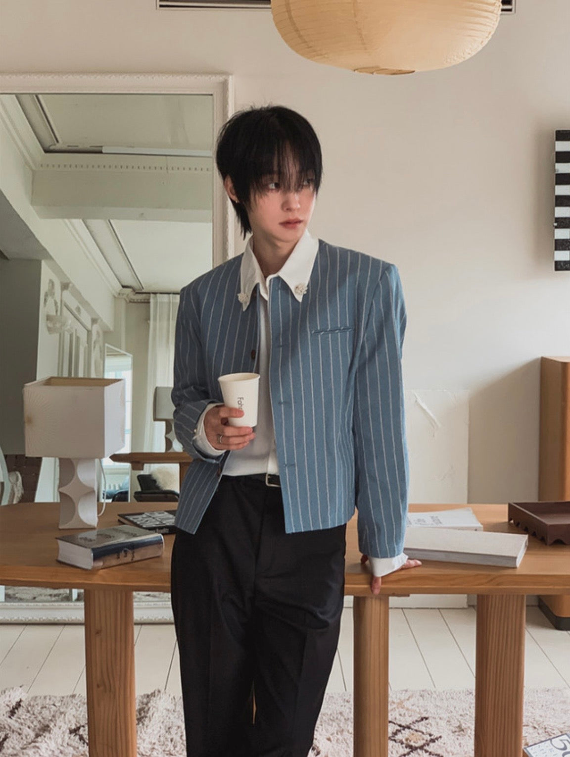 A157 細條紋無領西裝外套 (藍 灰)