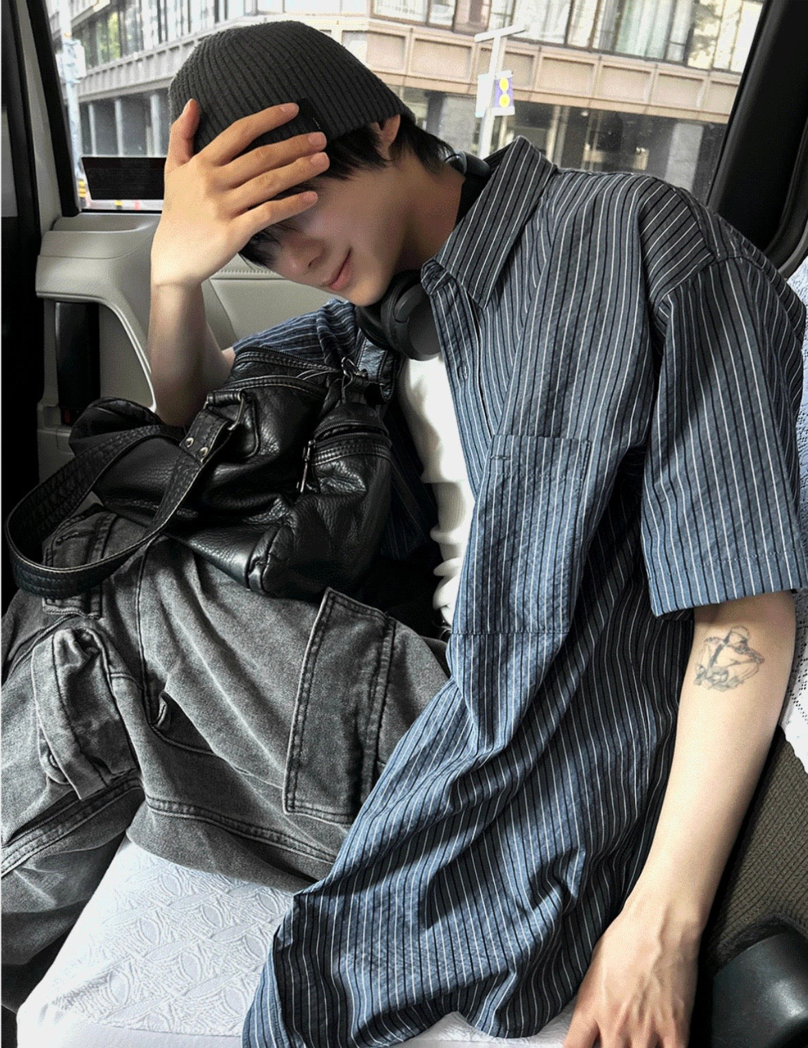 B193 條紋亞麻襯衫 (藍 灰)