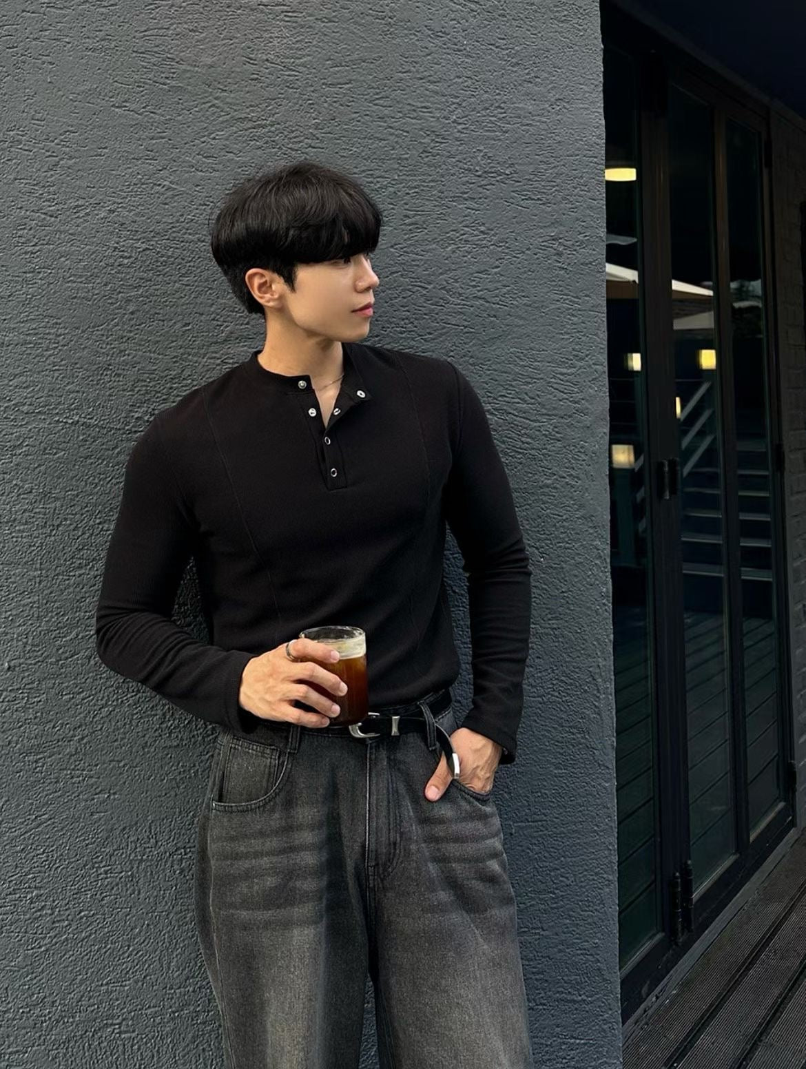 B180 剪接亨利領修身上衣 (灰 黑)