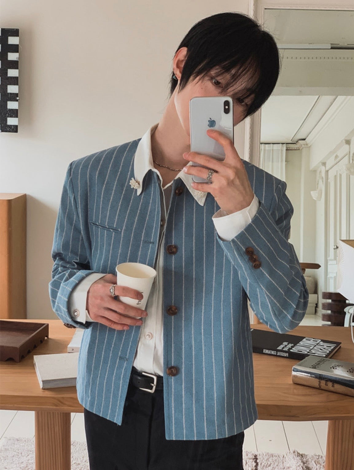 A157 細條紋無領西裝外套 (藍 灰)