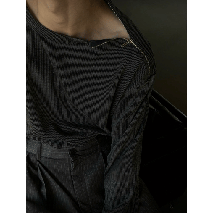 B174 斜拉鍊羅紋上衣 (黑 深灰)