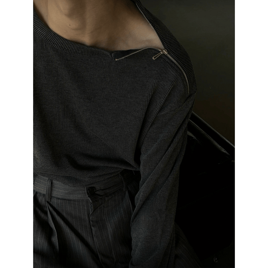B174 斜拉鍊羅紋上衣 (黑 深灰)