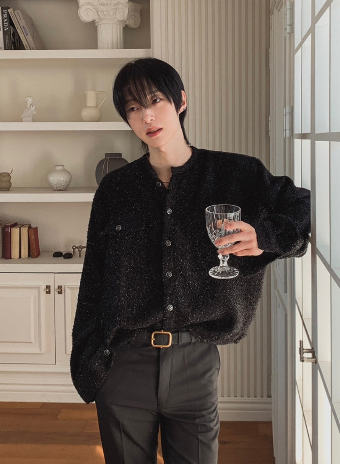 A147 細閃粗花呢短版外套 (黑 深藍)