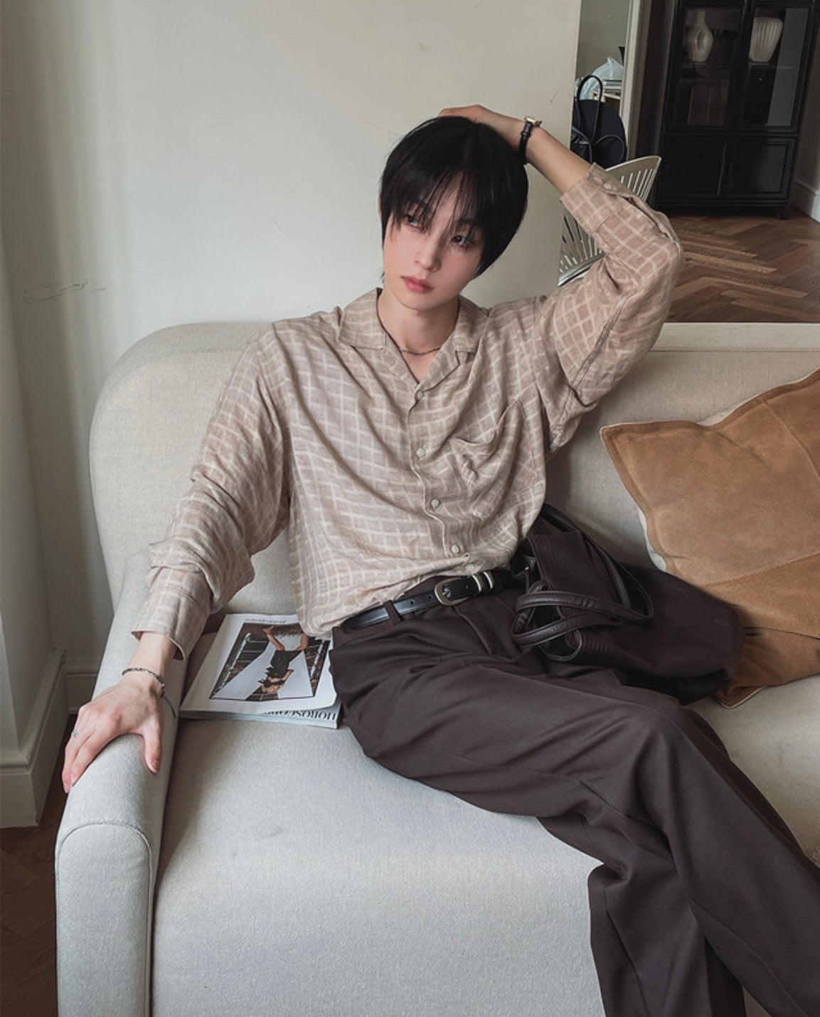 B184 亞麻格紋長袖襯衫 (黑 米)