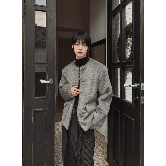 A116 輕奢柔絨工藝釦外套 (黑 灰)