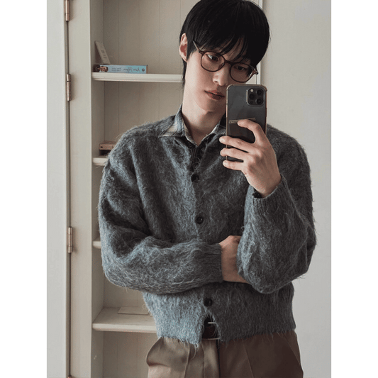 A139 毛感圓領短版開襟外套 (灰 黑)
