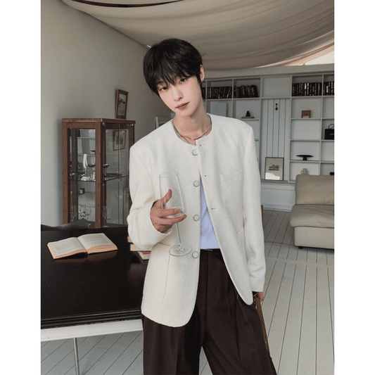 A96 韓系重工藝織紋夾克 (象牙 黑)