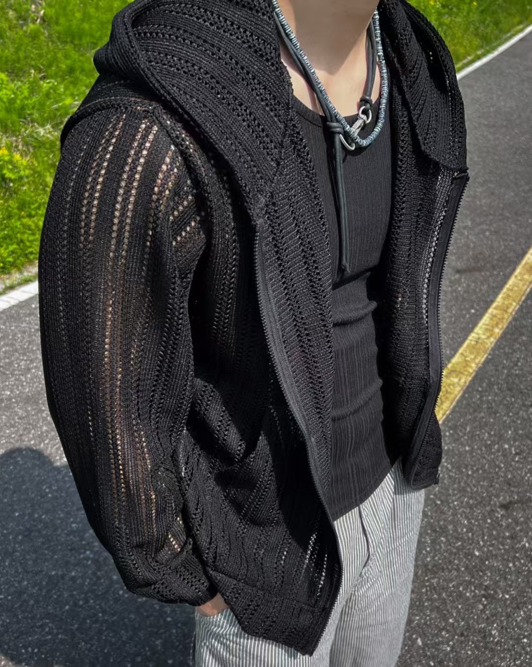 A66 鏤空連帽拉鍊外套 (黑black 藍blue)