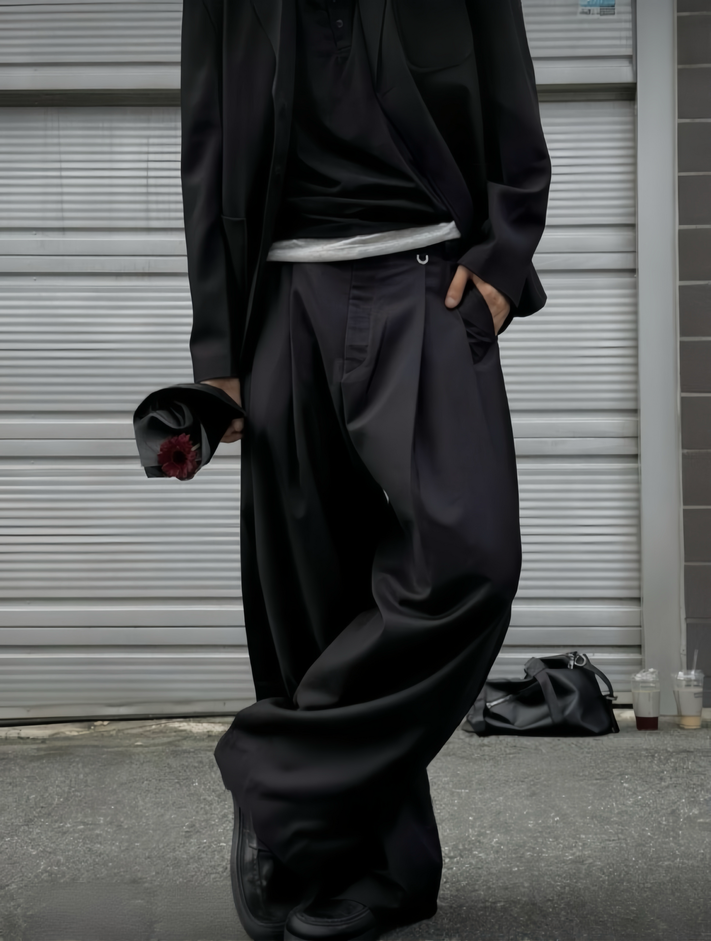 J76 垂墜雙褶寬褲 (黑 灰)