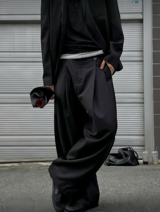 J76 垂墜雙褶寬褲 (黑 灰)