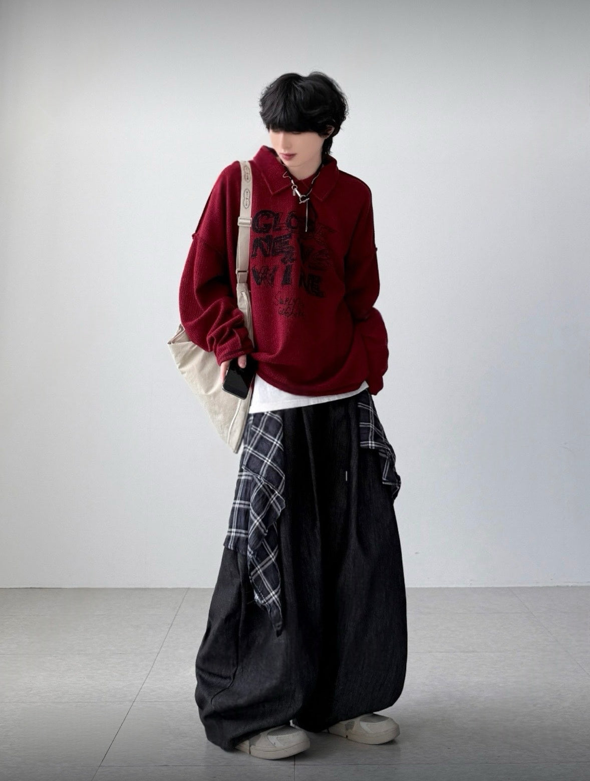 J98 Patchwork Plaid Denim Wide-Leg Pants (Dark Blue/Black)