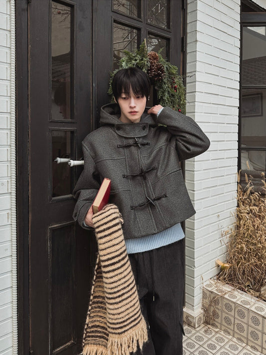 A137 牛角扣連帽短版羊毛外套 (灰 黑)