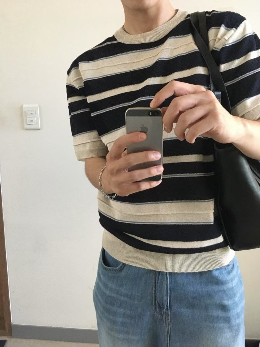 B183 亞麻條紋針織衫 (棕 藍)