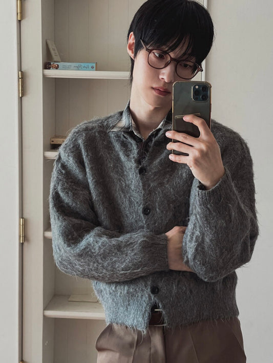 A139 毛感圓領短版開襟外套 (灰 黑)