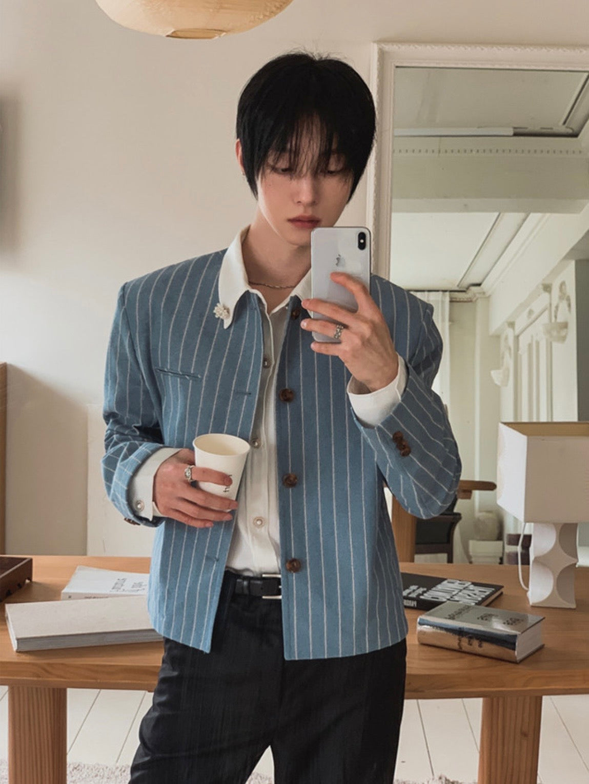 A157 細條紋無領西裝外套 (藍 灰)