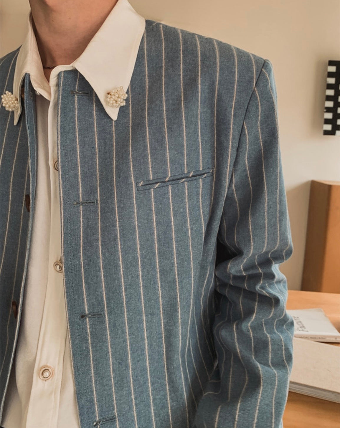 A157 細條紋無領西裝外套 (藍 灰)