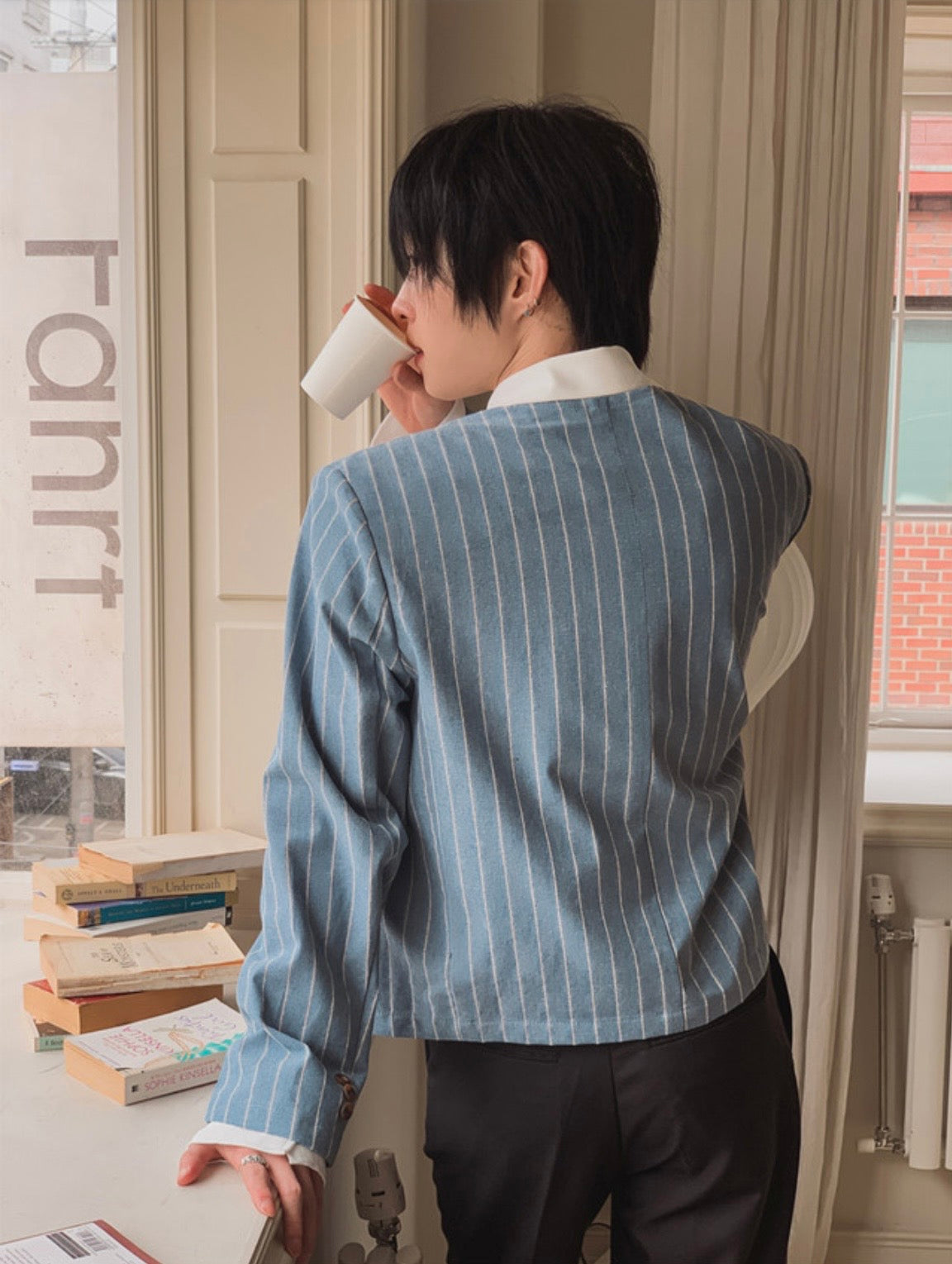 A157 細條紋無領西裝外套 (藍 灰)