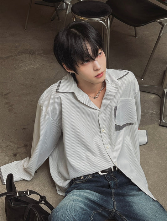 B142 交錯感雙層拼色襯衫 (黑 淺藍)