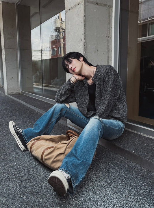 A95 雪花粗針織短版外套 (黑 灰)