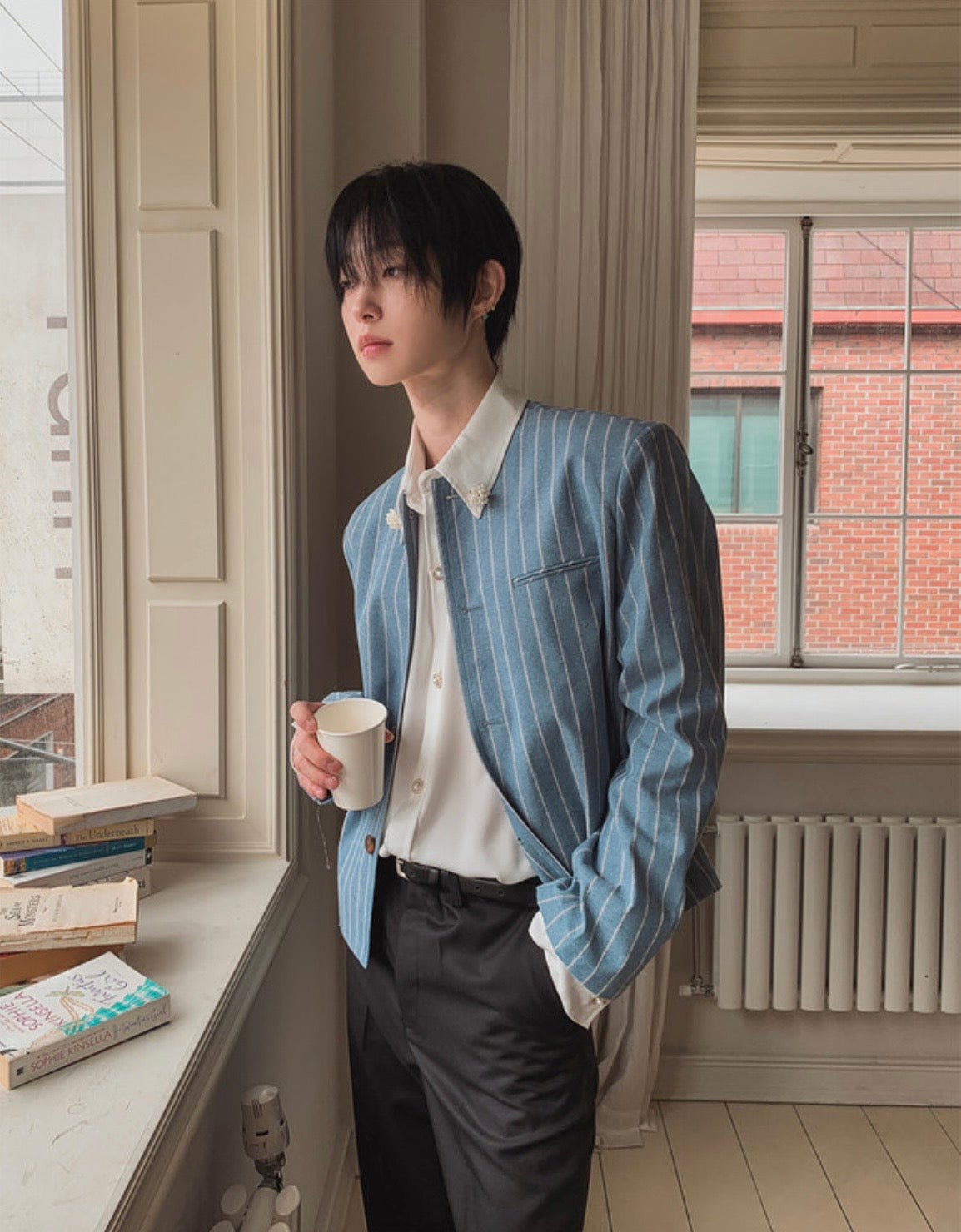 A157 細條紋無領西裝外套 (藍 灰)