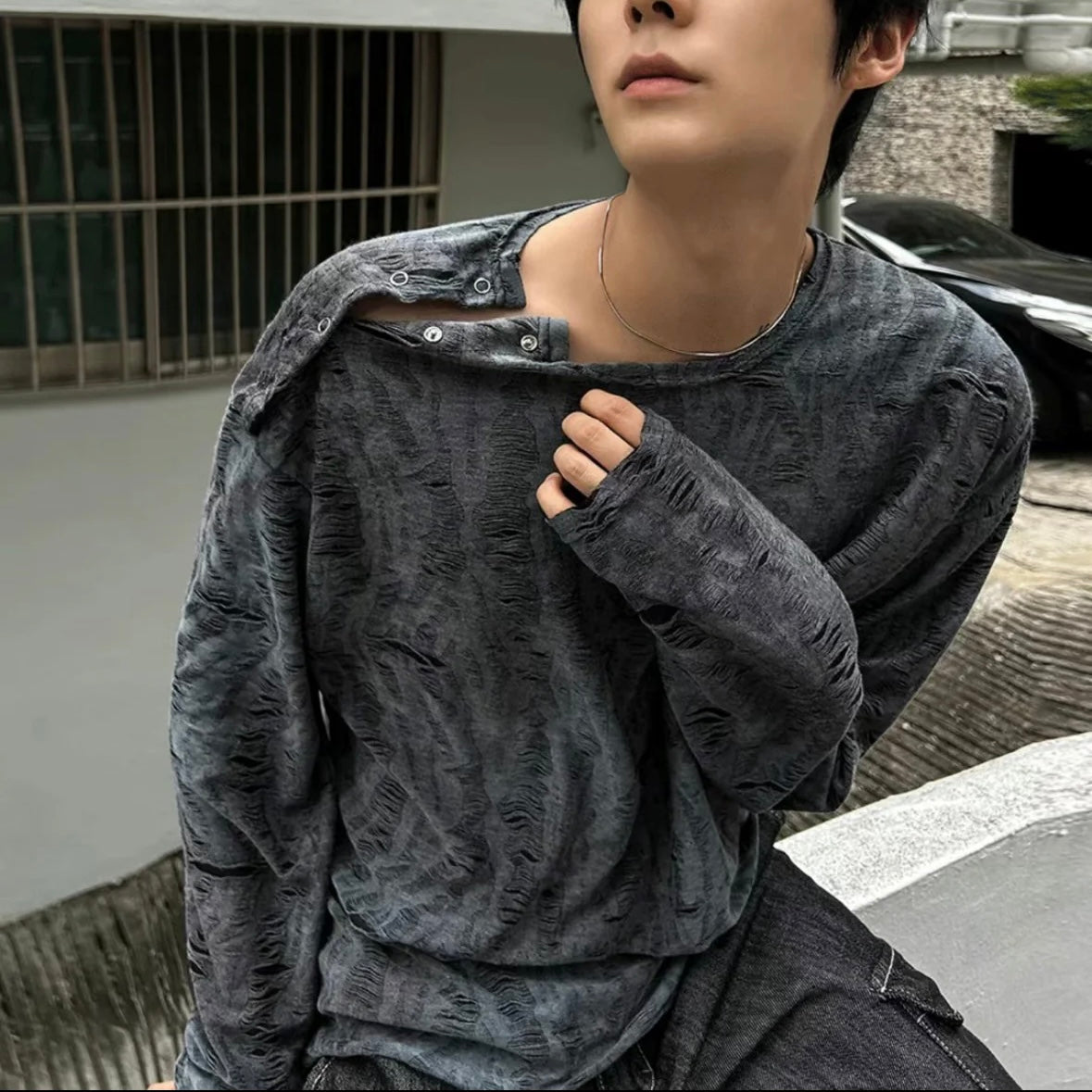 B33 Washed side-opening T-shirt (dark gray brown)