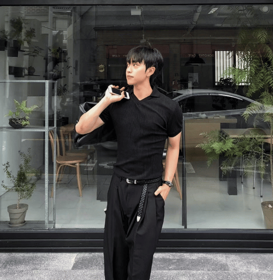 B90 V領莫代爾短袖T恤 (黑black 灰gray)